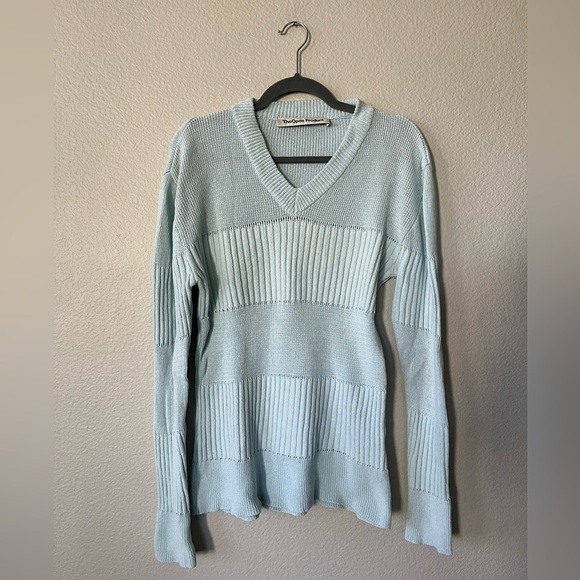 TheOpen Product Blue V Neck Ribbed Sweater Bell Sleeves Women's Size S - Picture 1 of 13